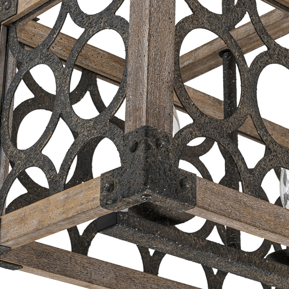 4-Light Open Cage Wooden Kitchen Island Rectangular Chandelier