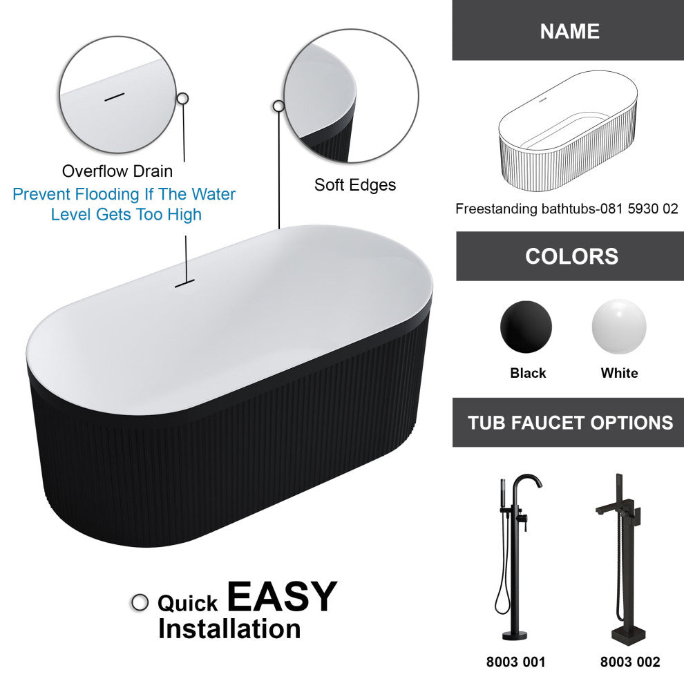 Serenity 67" Fluted Acrylic Soaking Tub, Oval, Matte Black