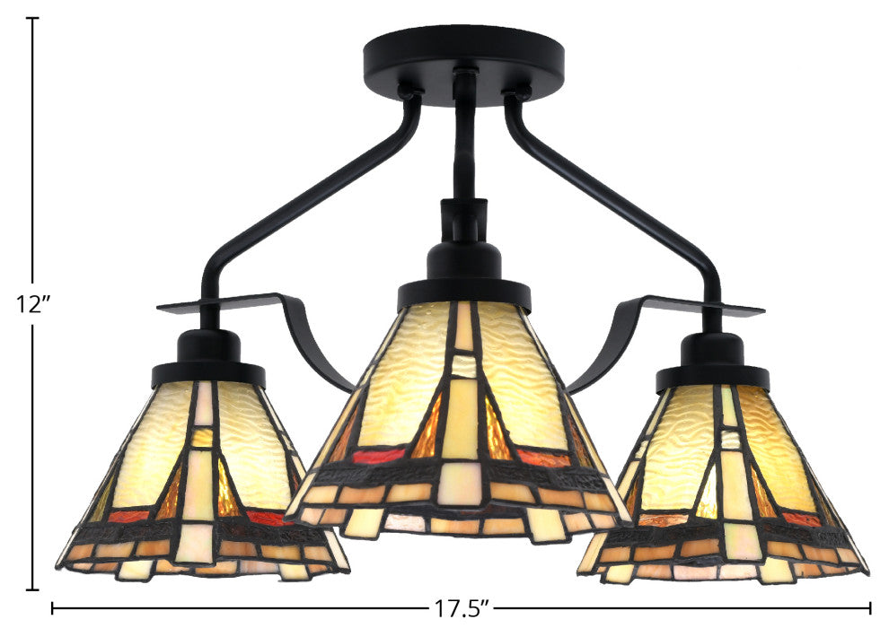 Odyssey 3 Light Semi Flush Mount In Matte Black Finish With 7" Zion Art Glass