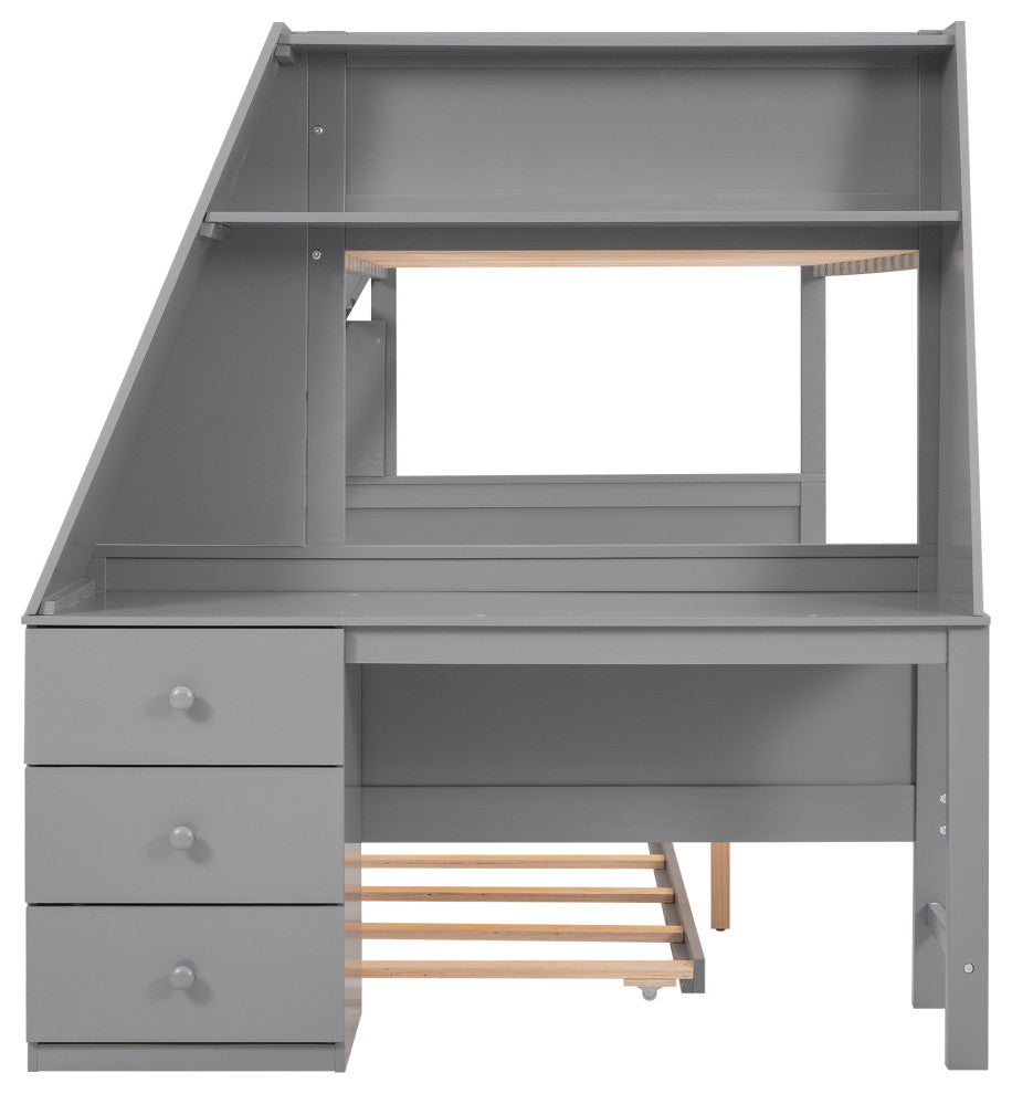 Gewnee Twin Over Full Bunk Bed with Desk Trundle and Built-in Desk  in Gray