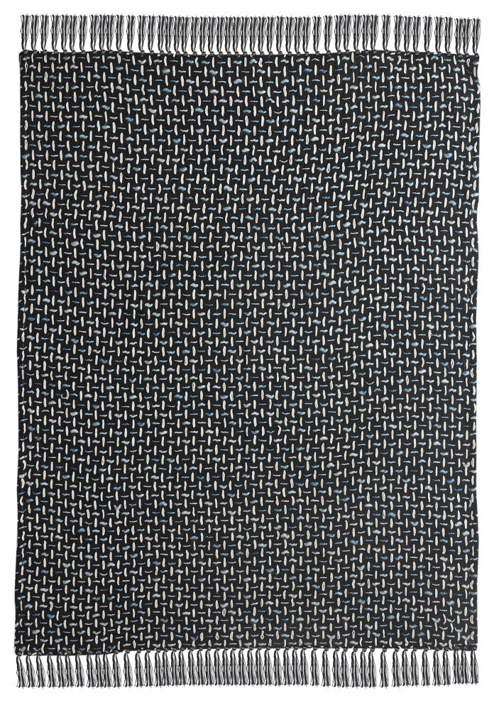 Modern Interwoven Throw Blanket with Fringe, Black/Blue/White