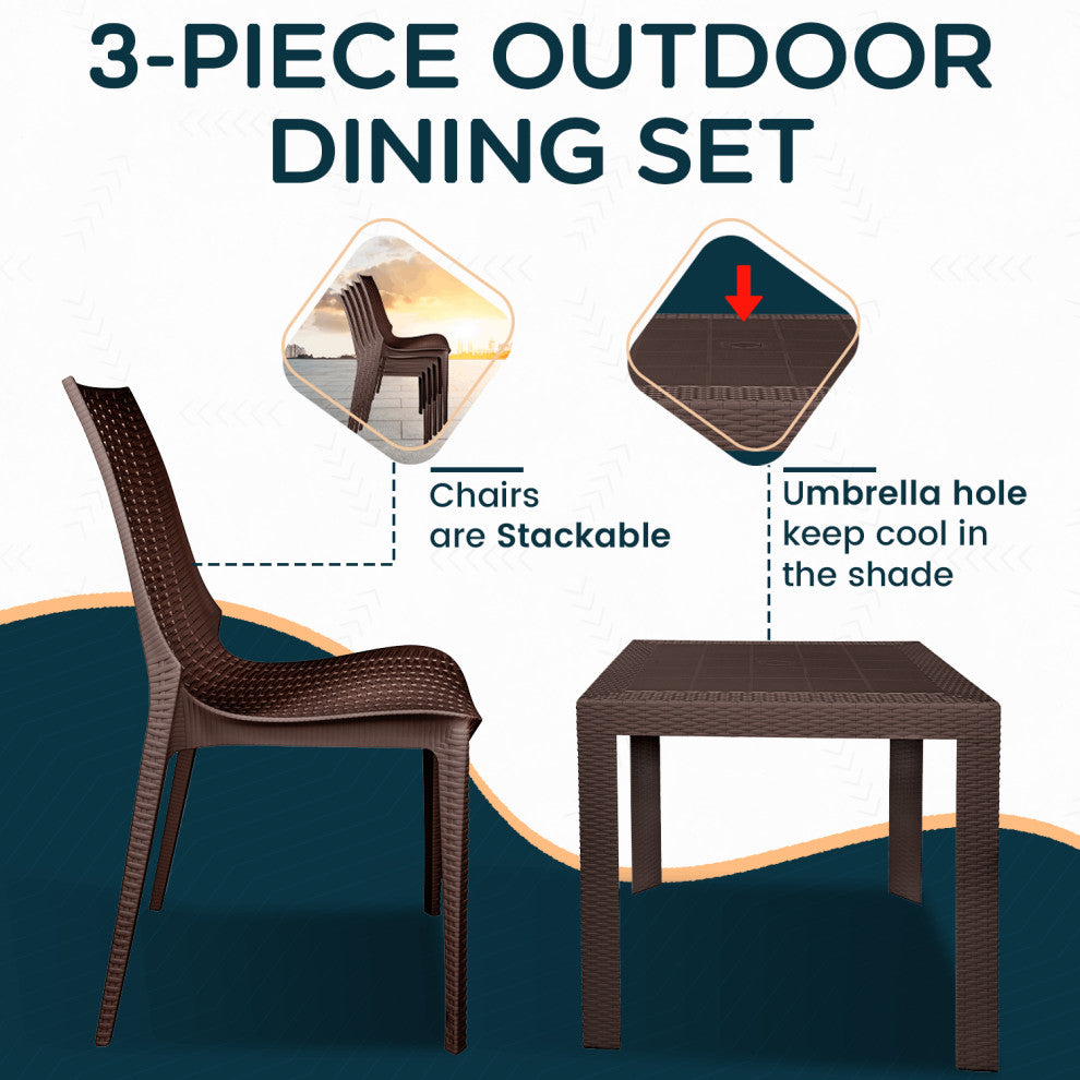 LeisureMod Kent Weave Design 3-Piece Outdoor Patio Dining Set, Brown
