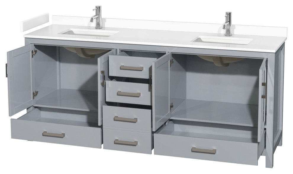 80" Double Bathroom Vanity, Gray, White Cultured Marble Countertop, Sinks