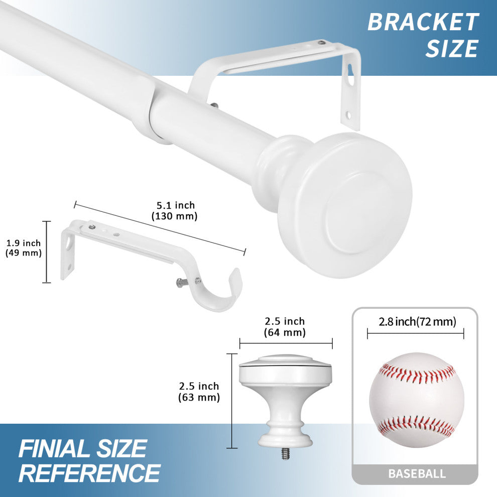 1" Semplice Drapery Curtain Rod, Glossy White, 48"-84"