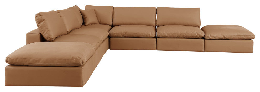 Comfy Upholstered L-Shaped Modular Sectional, Cognac, 7-Piece: 4 Armless Chair, 1 Corner Chair, 2 Ottoman, Vegan Leather