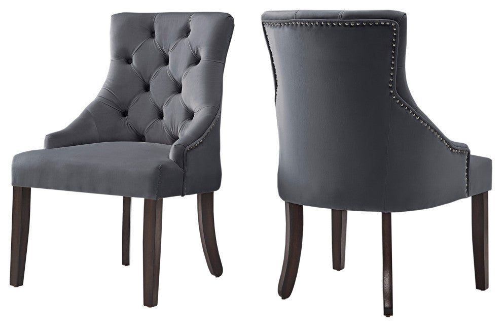 Rosalyn Velvet Button Tufted Sloped Wingback Dining Chair, Set of 2, Dark Grey