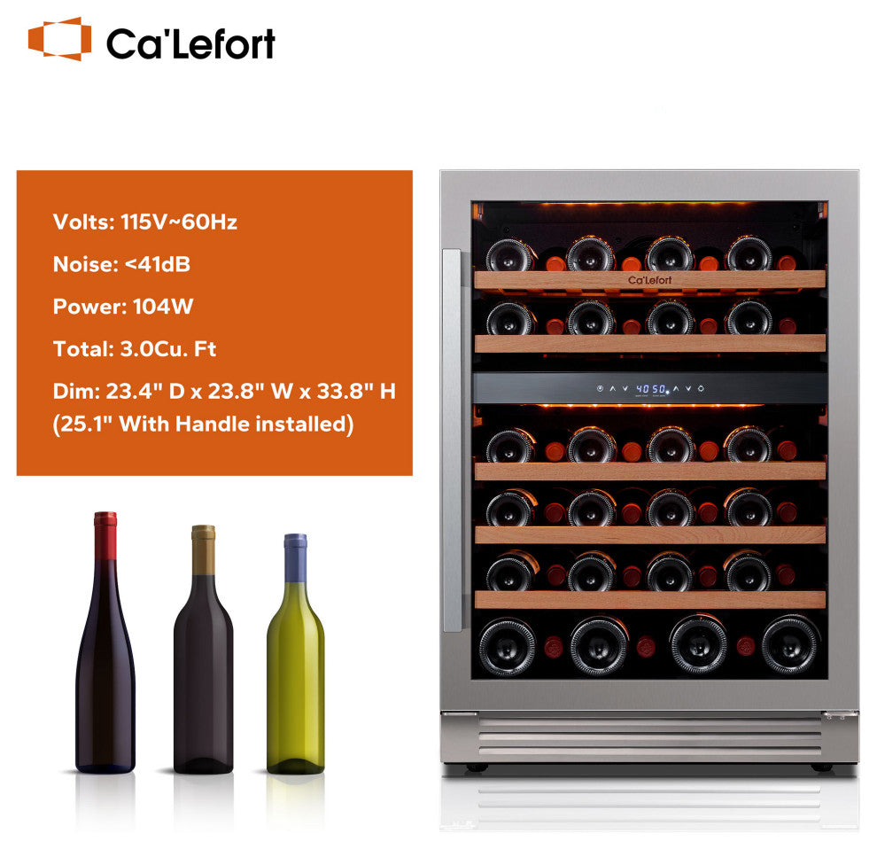 Ca"™Lefort 24" Wine Fridge: 46 Bottle Dual Zone Cooler, 40-65Â°F, Glass Door