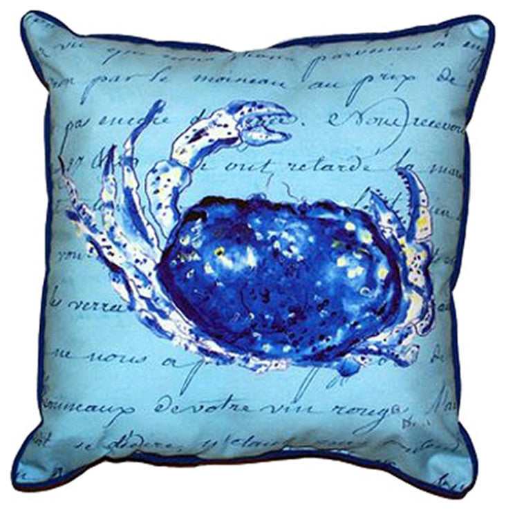 Betsy Drake Blue Script Crab Extra Large Zippered Pillow 22x22