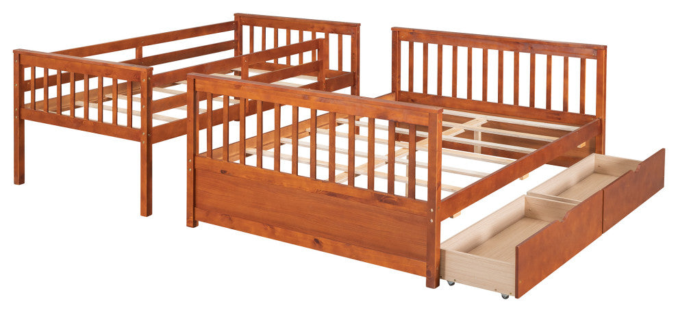 TATEUS Twin Over Full Bunk Bed With Storage Drawers Wood Bunked Bed, Walnut