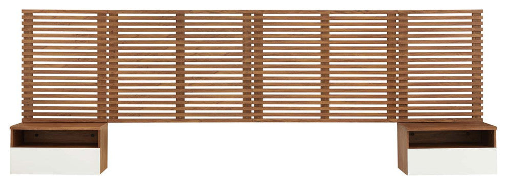 Render Wall Mount King Headboard and Modern Nightstands, Walnut
