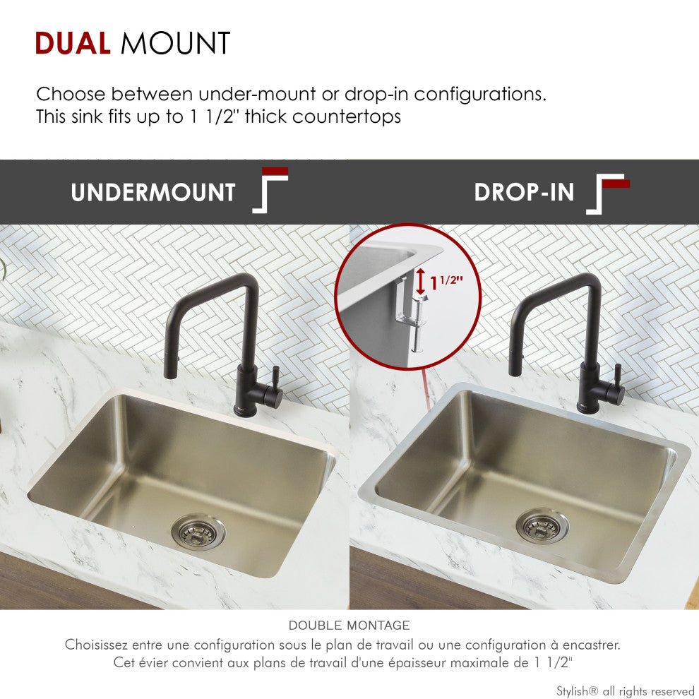 STYLISH 23 inch Single Bowl Undermount and Drop-in Stainless Steel Kitchen Sink