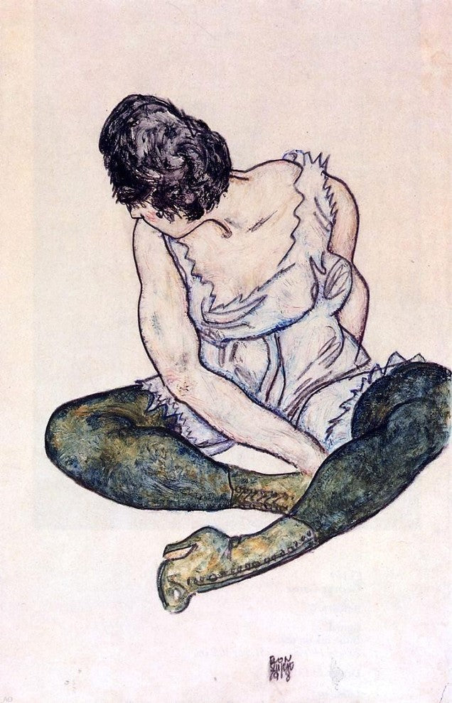 Egon Schiele Seated Woman with Green Stockings - 18" x 27" Premium Canvas Print