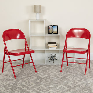 2 Pack HERCULES Series Double Braced Metal Folding Chair, Red