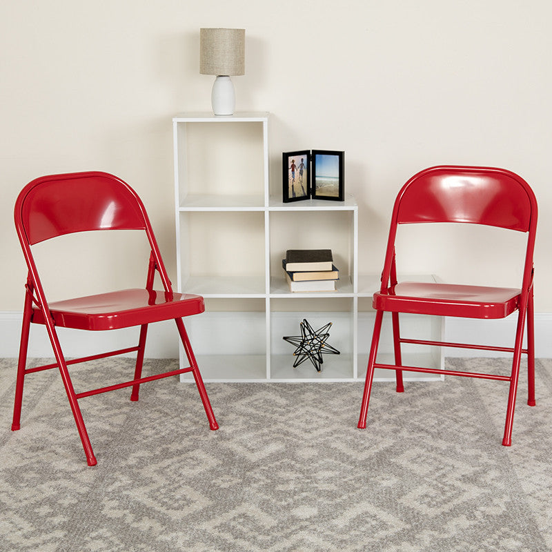 2 Pack HERCULES Series Double Braced Metal Folding Chair, Red