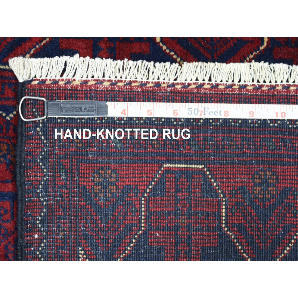 Red Geometric Design Hand Knotted Afghan Khamyab Pure Wool Runner Rug, 2'8"x9'6"