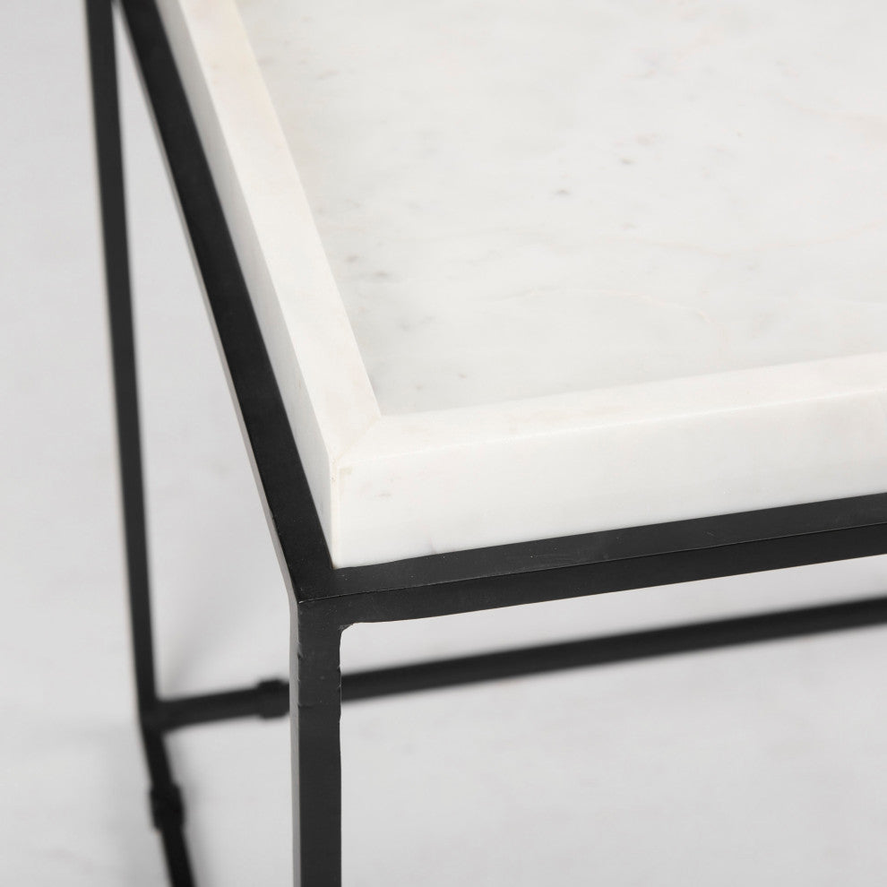 Nathan II 18"x20" Square Top White Marble and Black Metal End/Side Table