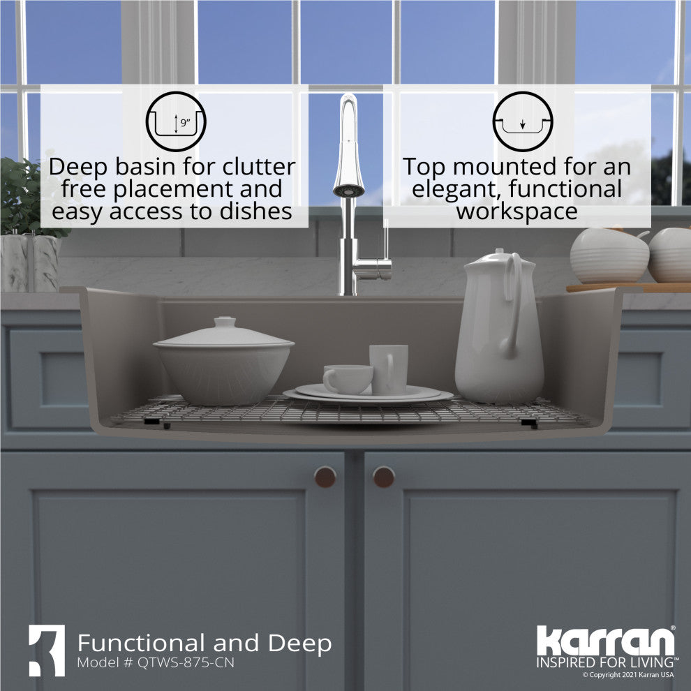 Karran Top Mount 33" Single Bowl Quartz Workstation Kitchen Sink, Concrete