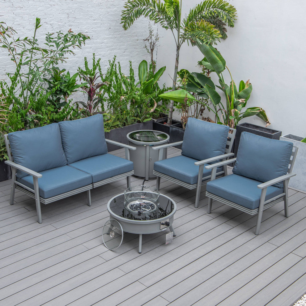 LeisureMod Walbrooke Grey Patio Sofa Set With Round Fire Pit Table, Navy Blue