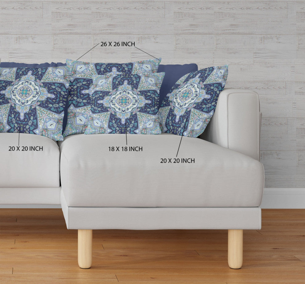 20" Indigo Blue Boho Floral Geo Suede Throw Pillow