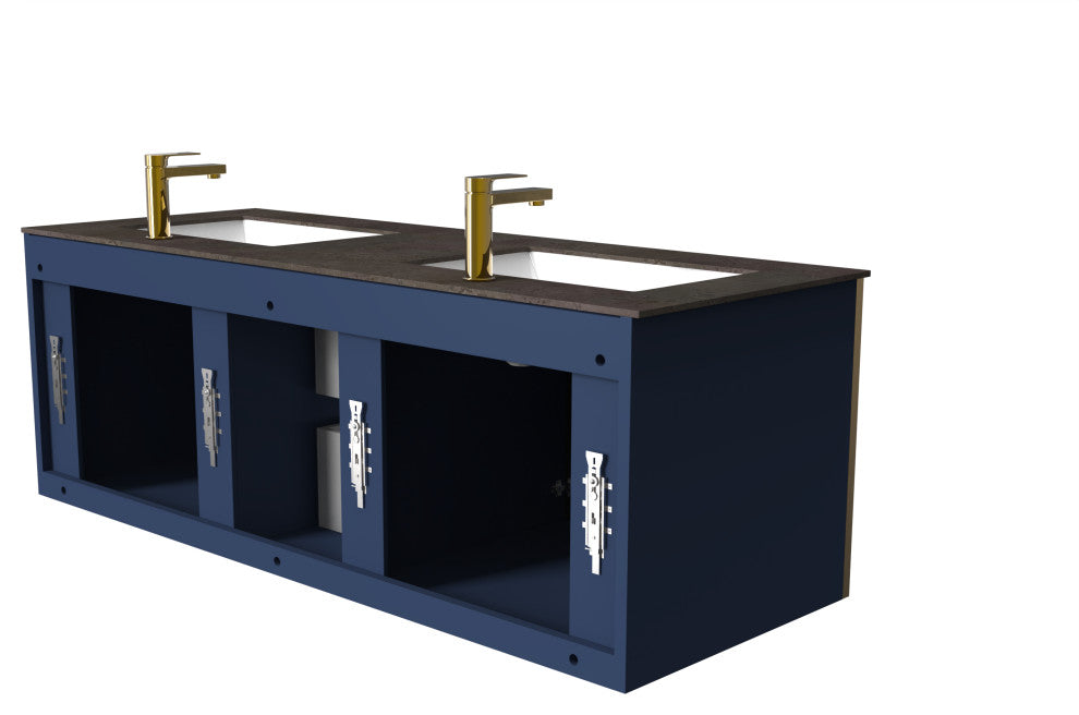 Solaria Glass Facade Floating Vanity, 60", Rustic Porcelain Top, Double Sink