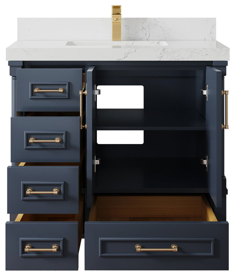 Aberdeen 36 Center Sink Bath Vanity in Hale Navy Blue  2" Empira Quartz