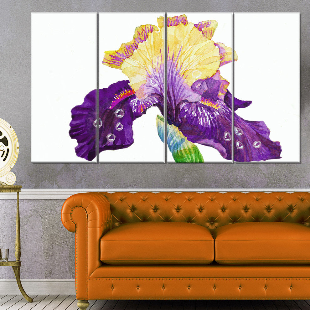 Blooming Blue Yellow Iris, Floral Canvas Art print, 48"x28", 4 Panels