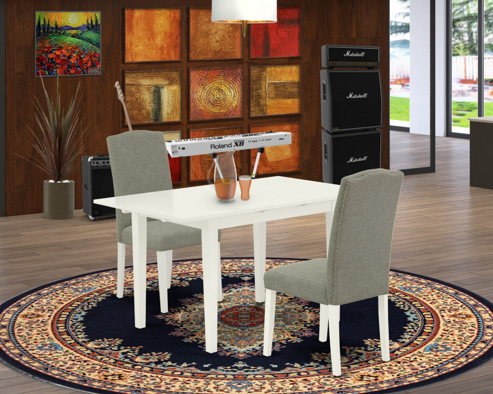 3-Pc Kitchen Dinette Set, 2 Chairs, Butterfly Leaf Rectangle Table, Linen White