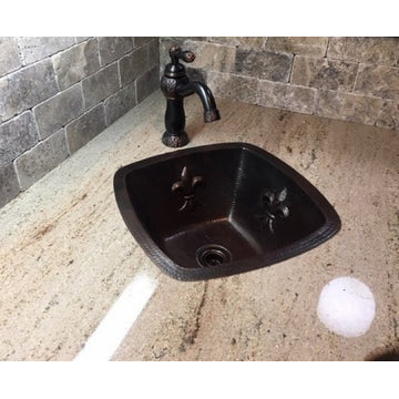 15" Aged Copper Square Copper Kitchen Bar Sink With Fleur de Lis Design