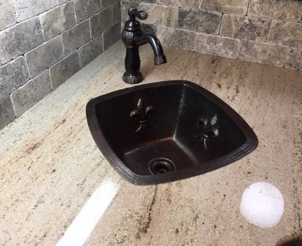 15" Aged Copper Square Copper Kitchen Bar Sink With Fleur de Lis Design