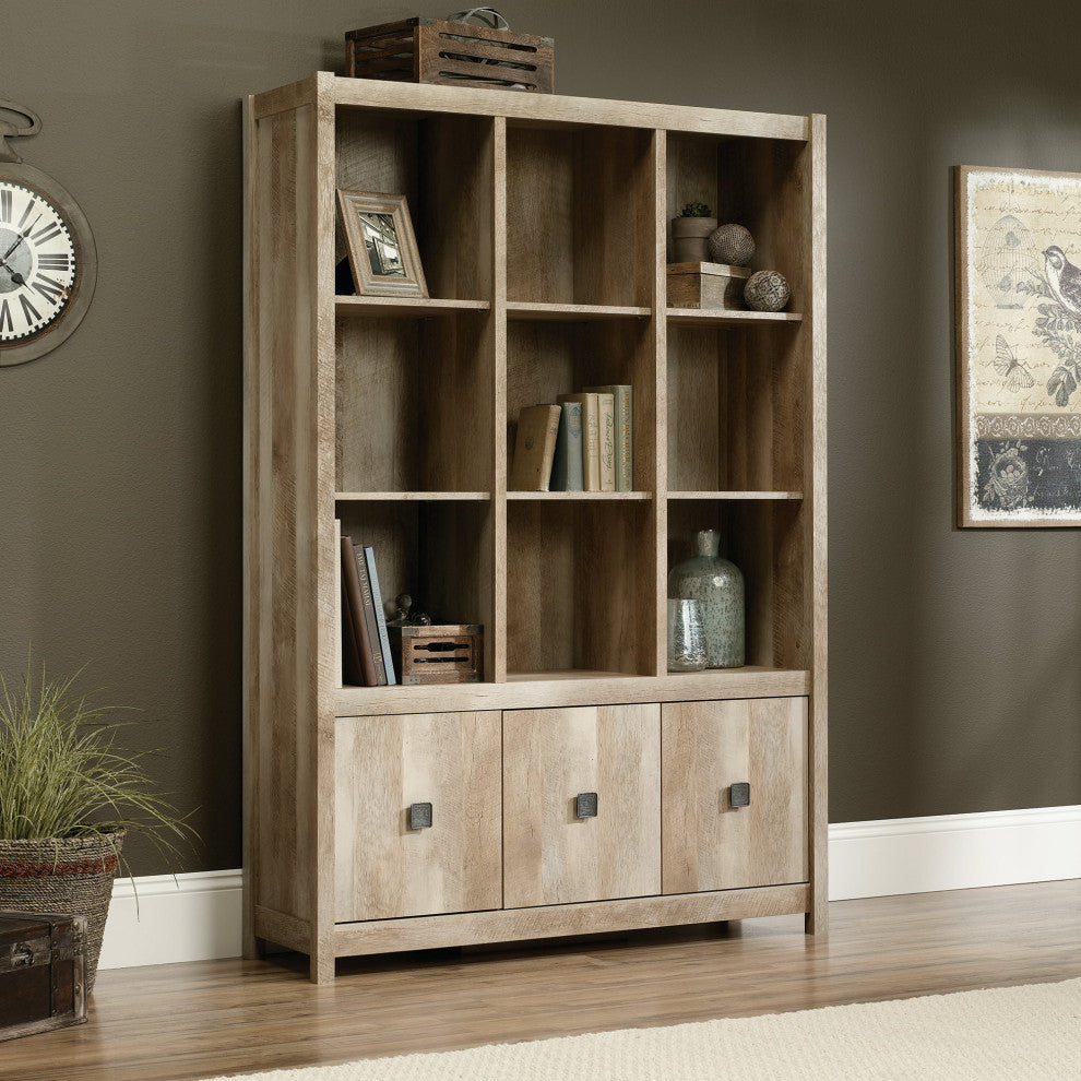 Modern Bookcase, 9 Open Cubies & Lower Cabinet With Pull Handles, Lintel Oak