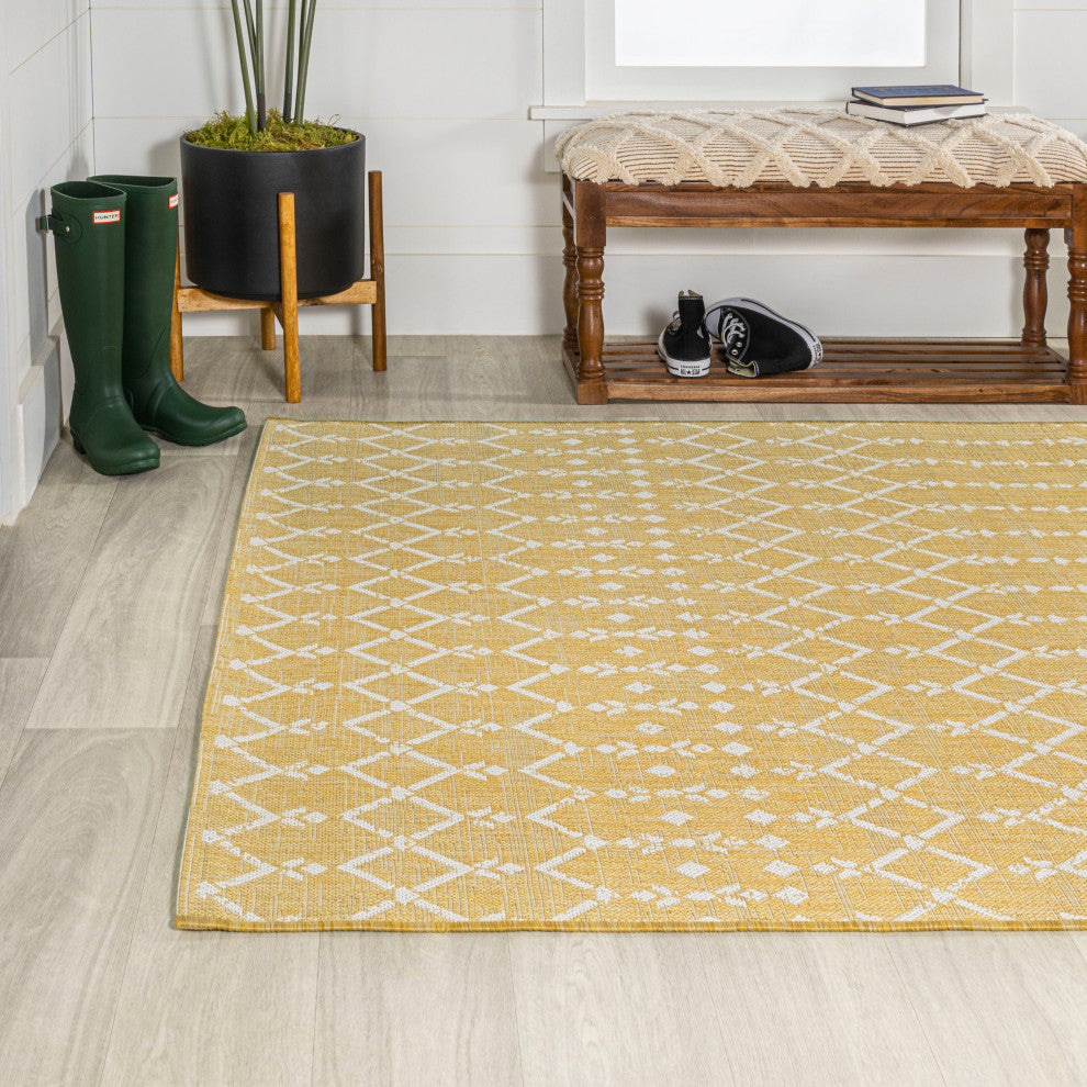 Ourika Moroccan Geometric Indoor/Outdoor Rug, Yellow/Cream, 3x5