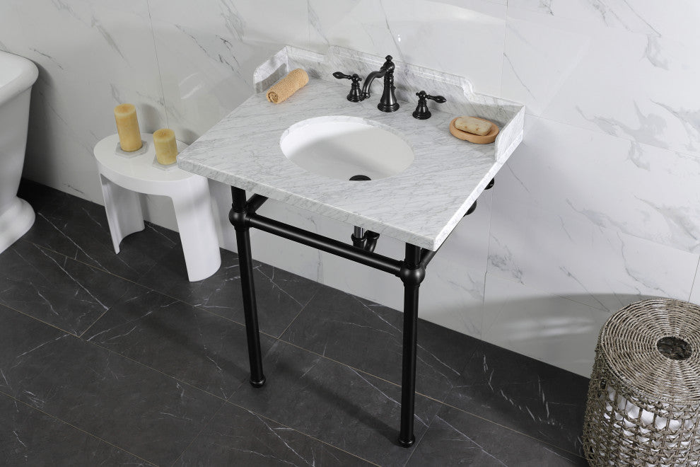 Kingston Brass LMS30MB0 30" Carrara Marble Console Sink, Legs