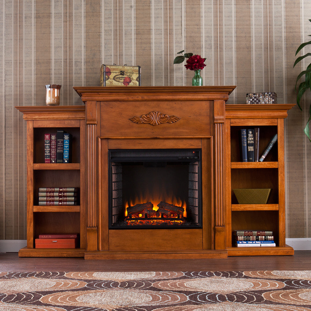 Canterbury Electric Fireplace With Bookcases, Glazed Pine