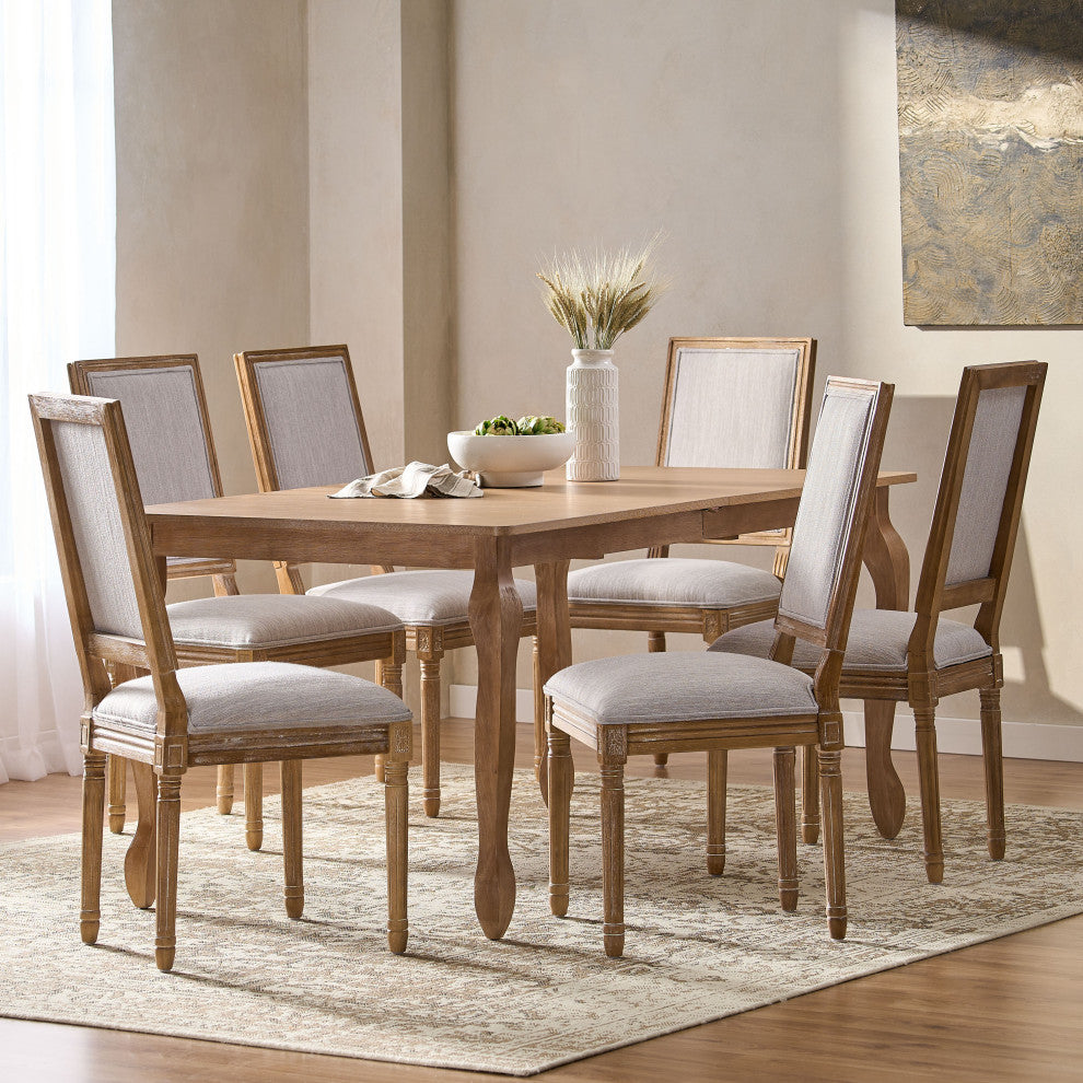 Fernleaf French Country Fabric Upholstered Wood Expandable 7-Piece Dining Set, Natural Brown/Light Gray
