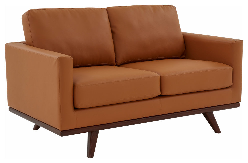 LeisureMod Chester Modern Leather Loveseat With Birch Wood Base, Cognac Tan
