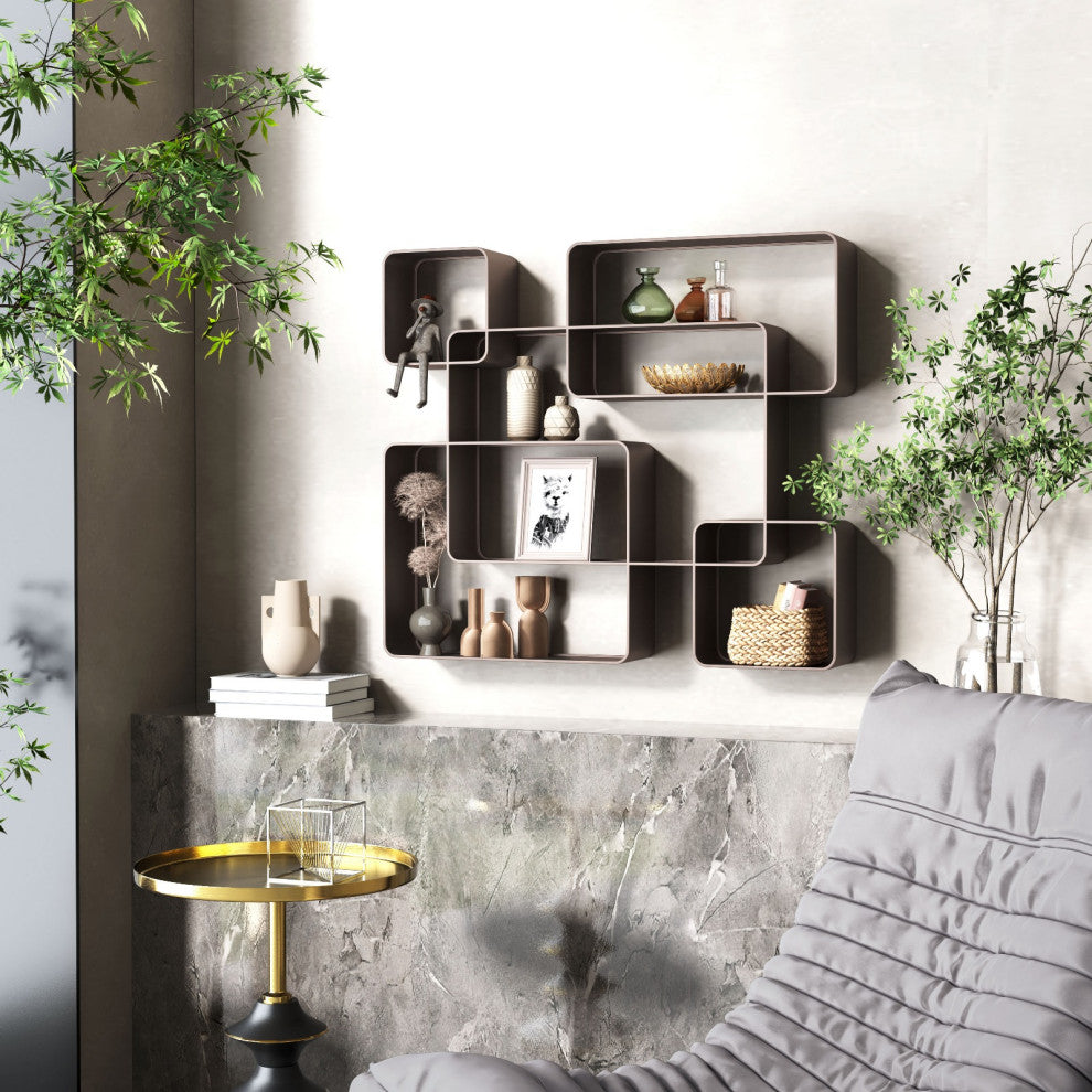 Bookcase Wall Shelf Rack, Steel Metal, Antique Gray, Lounge Hospitality