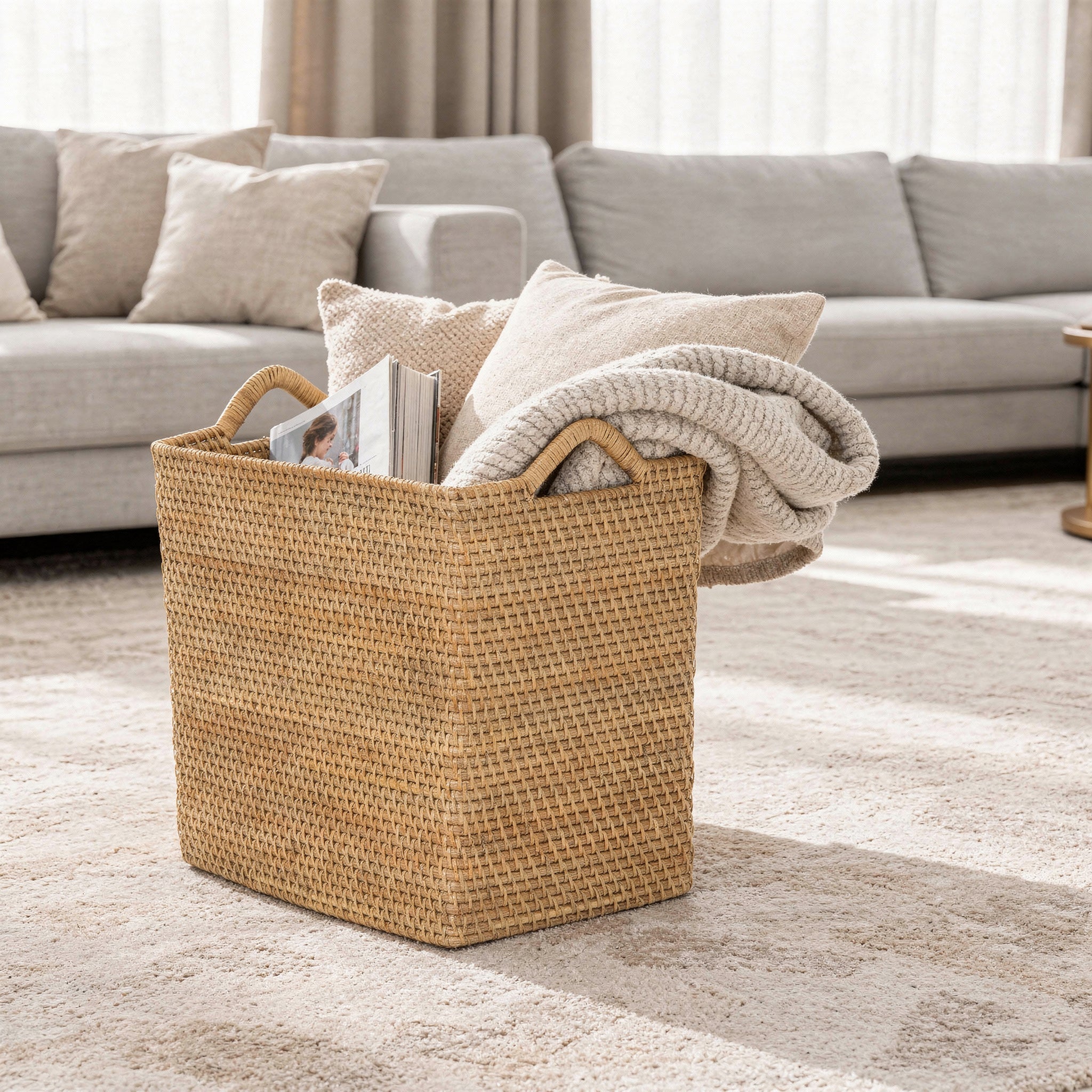 Loma Rectangular Tall Decorative Rattan Storage Basket with Ear Handles, Small, Honey Brown