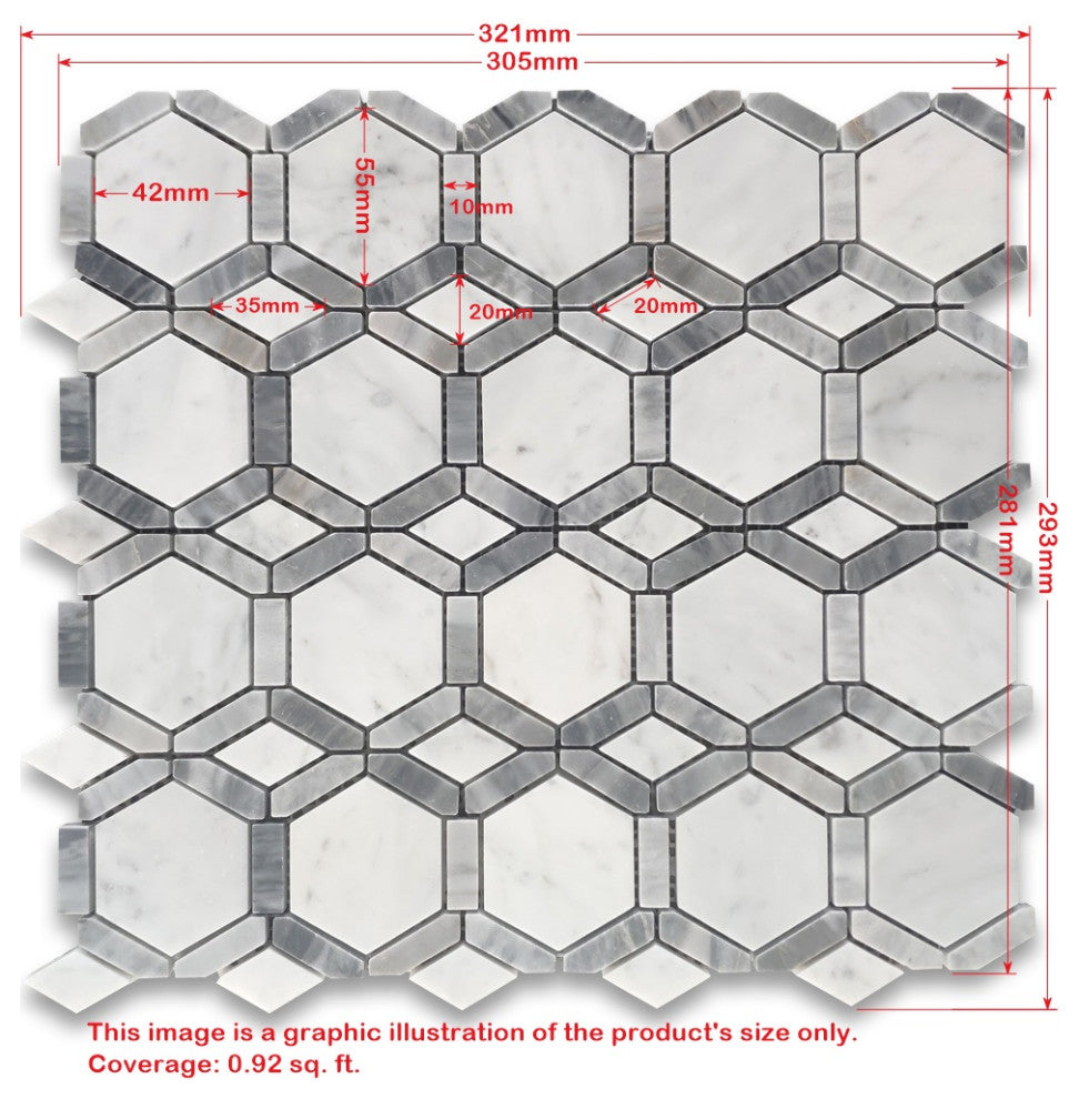 Carrara White Bardiglio Gray Marble Hollywood Hexagon Tile Honed, 1 sheet