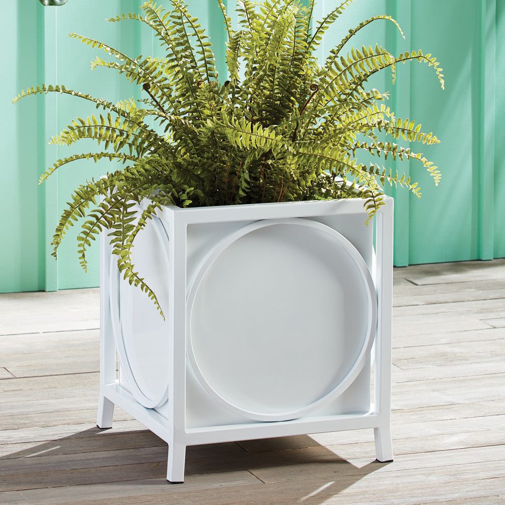 Classic Large Square White Iron Planter Outdoor Safe Floor Tree Circle 20 in