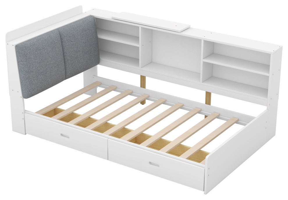 Gewnee Wood Twin Size platform bed with Storage Headboard