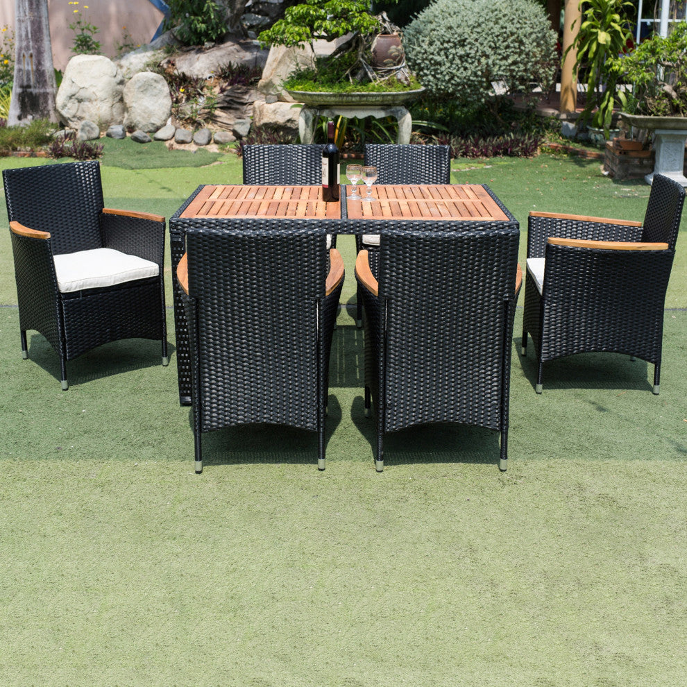 7 Pieces Outdoor Patio Wicker Furniture Dining Table Set With 6 Stools