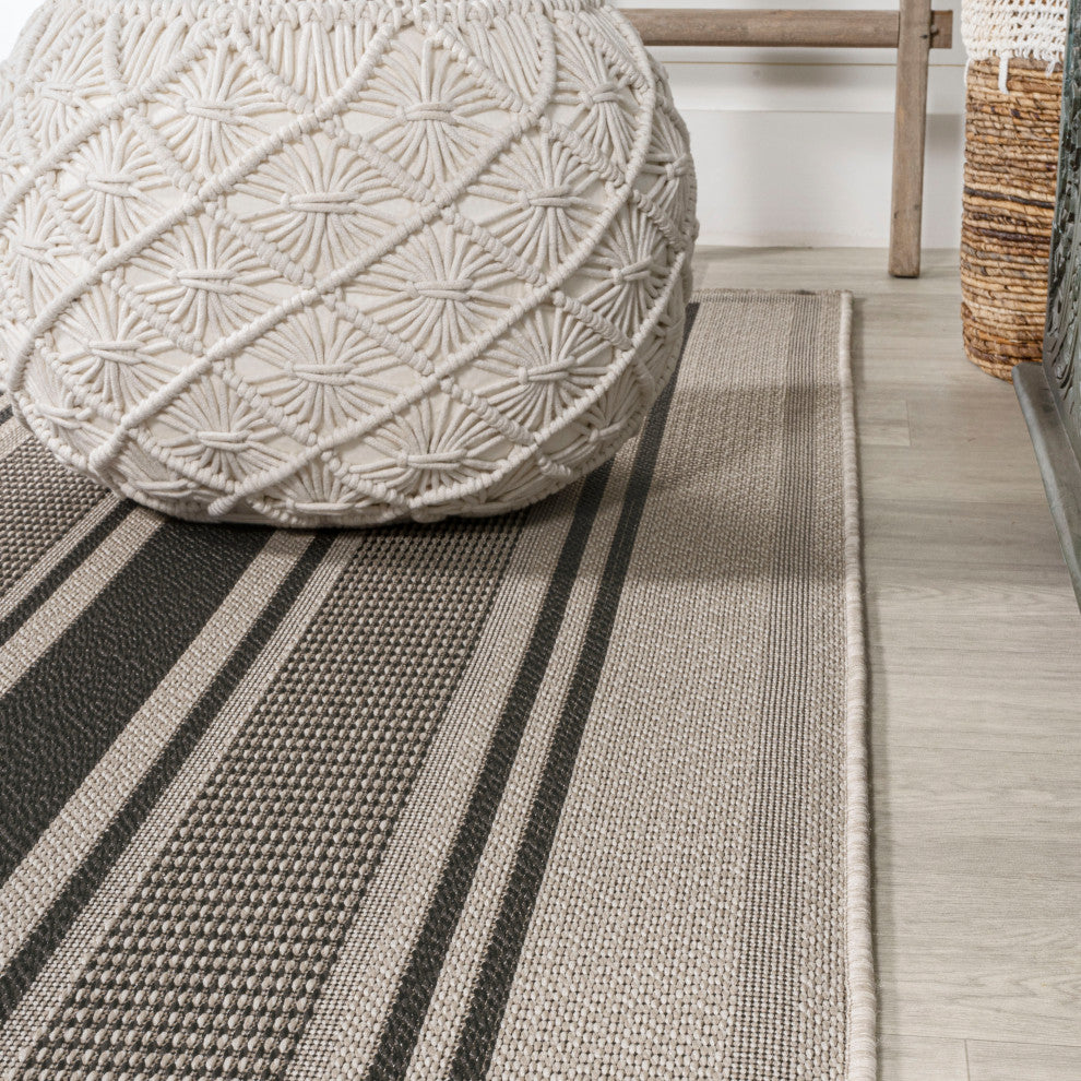 Haynes Modern Double Stripe Indoor/Outdoor Area Rug, Cream/Black, 2x8