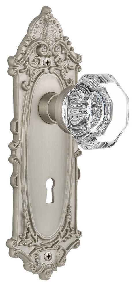 Victorian Plate Interior Mortise Waldorf Door Knob, Satin Nickel