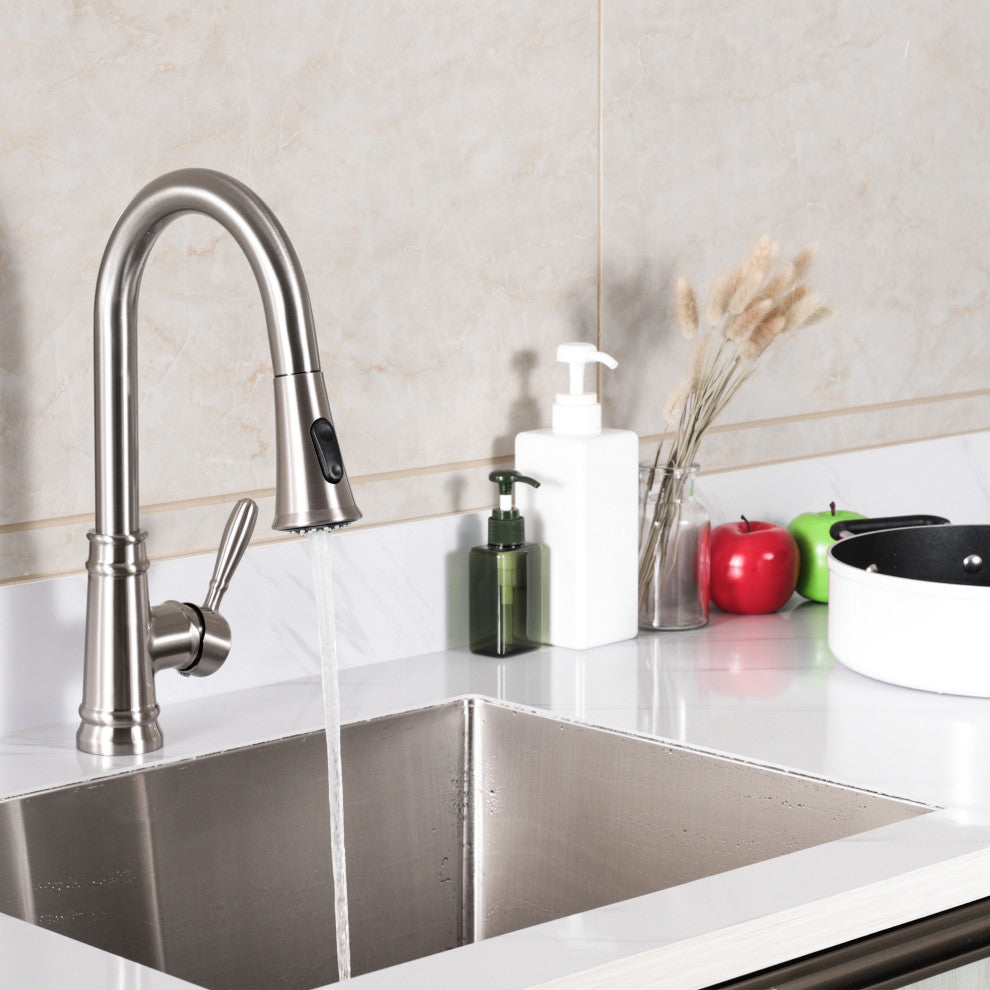 Single Handle High Arc Pull Out Kitchen Faucet in Brushed Nickel Finish