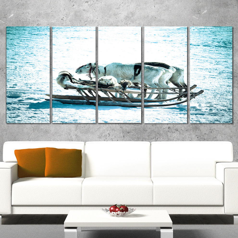 Dogs on Reindeer Sleigh, Oversized Animal Wall Art, 60"x28", 5 Panels