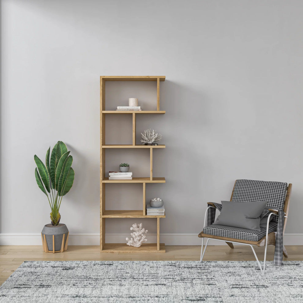 Modern Bookcase, Unique Geometric Design With 5 Cubbies & Bayside Shelves, Oak