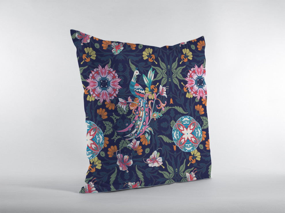 20" Navy Pink Peacock Indoor Outdoor Throw Pillow