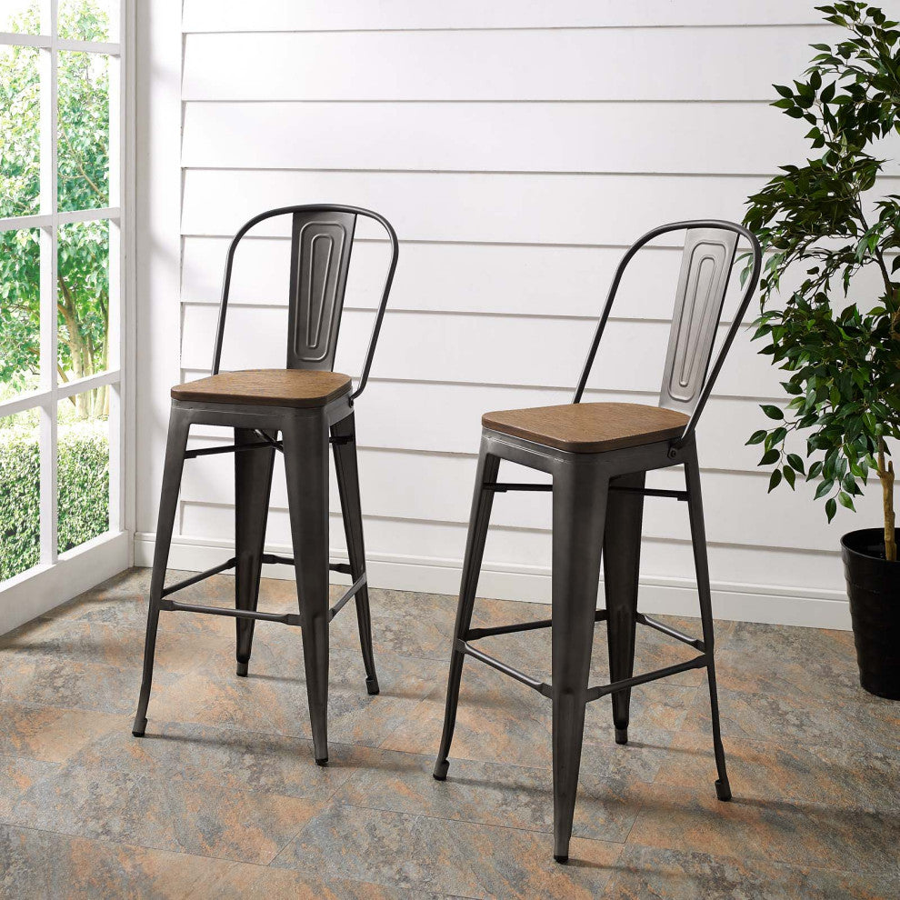 Bar Stool Chair Barstool, Set of 2, Wood, Metal, Brown, Modern, Bar Pub Bistro