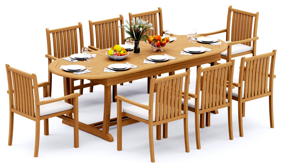 9-Piece Outdoor Teak Dining Set: 94" Masc Oval Table, 8 Cahyo Stacking Arm Chair