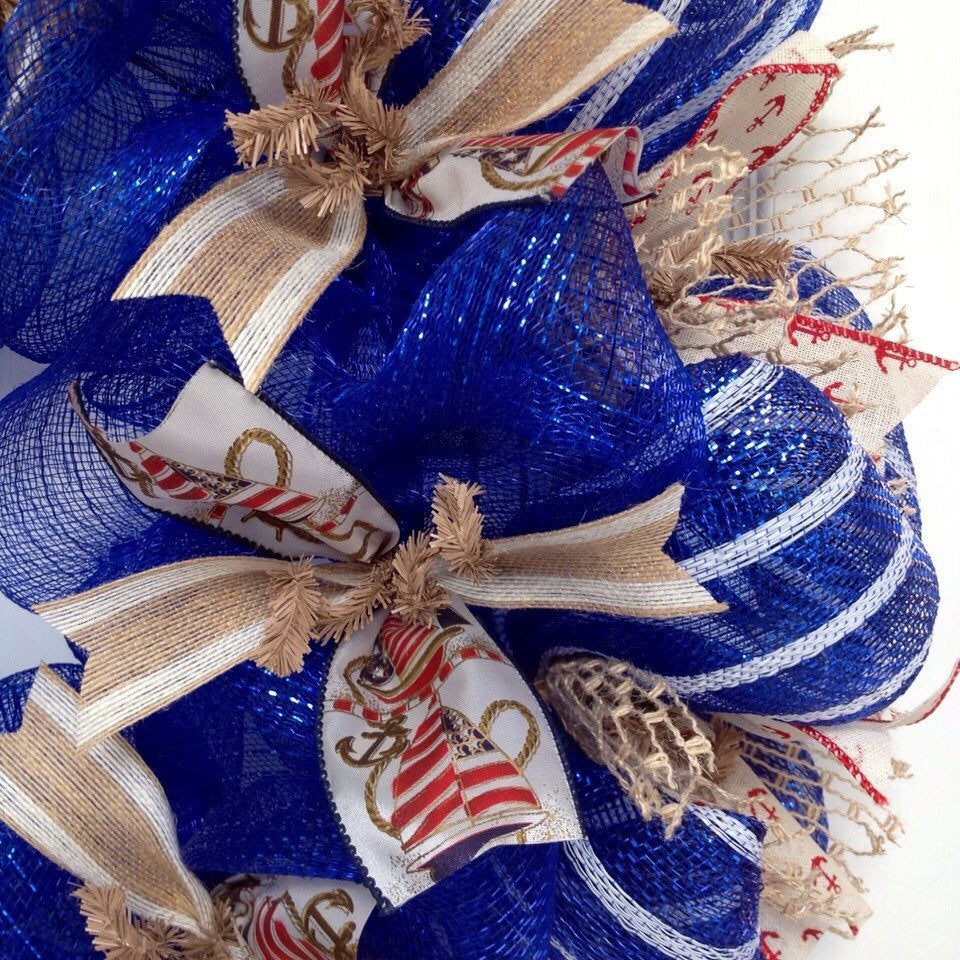 Nautical Ribbon Wreath Handmade Deco Mesh